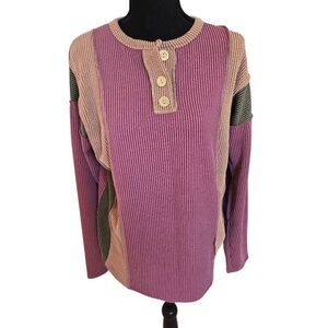 7TH RAY Womens Colorblock Ribbed Long Sleeve Henley Top Shirt Mauve Beige Medium